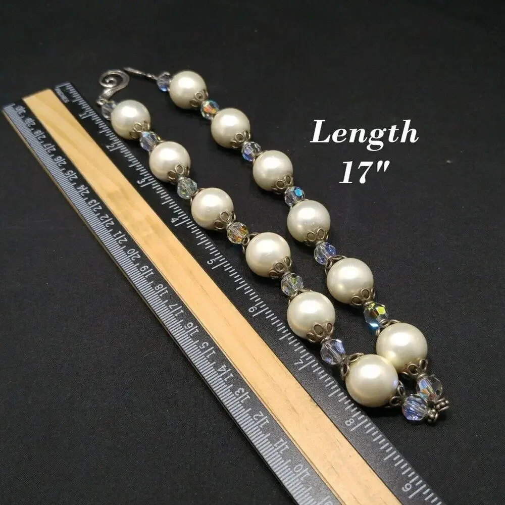 Vintage Glass Pearls Crystal Beaded Necklace, Silver Clasp, Strung on Wire, 17